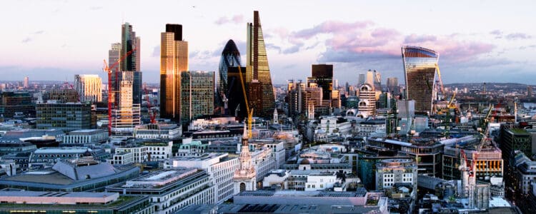 UK,London,City skyline at sunset